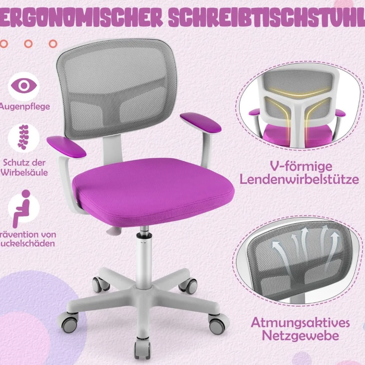 Kinder-Schreibtischstuhl Kinder-Computerstuhl mit Einstellbarer Höhe Blau/Violett/Türkis/Rosa/Lila/Grün