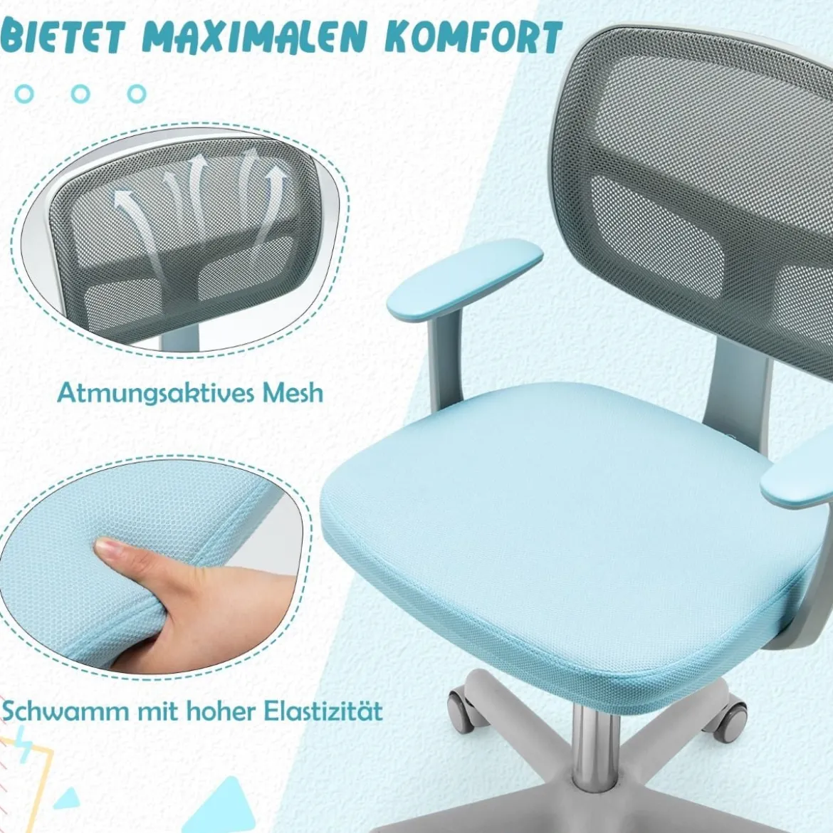 Kinder-Schreibtischstuhl Kinder-Computerstuhl mit Einstellbarer Höhe Blau/Violett/Türkis/Rosa/Lila/Grün