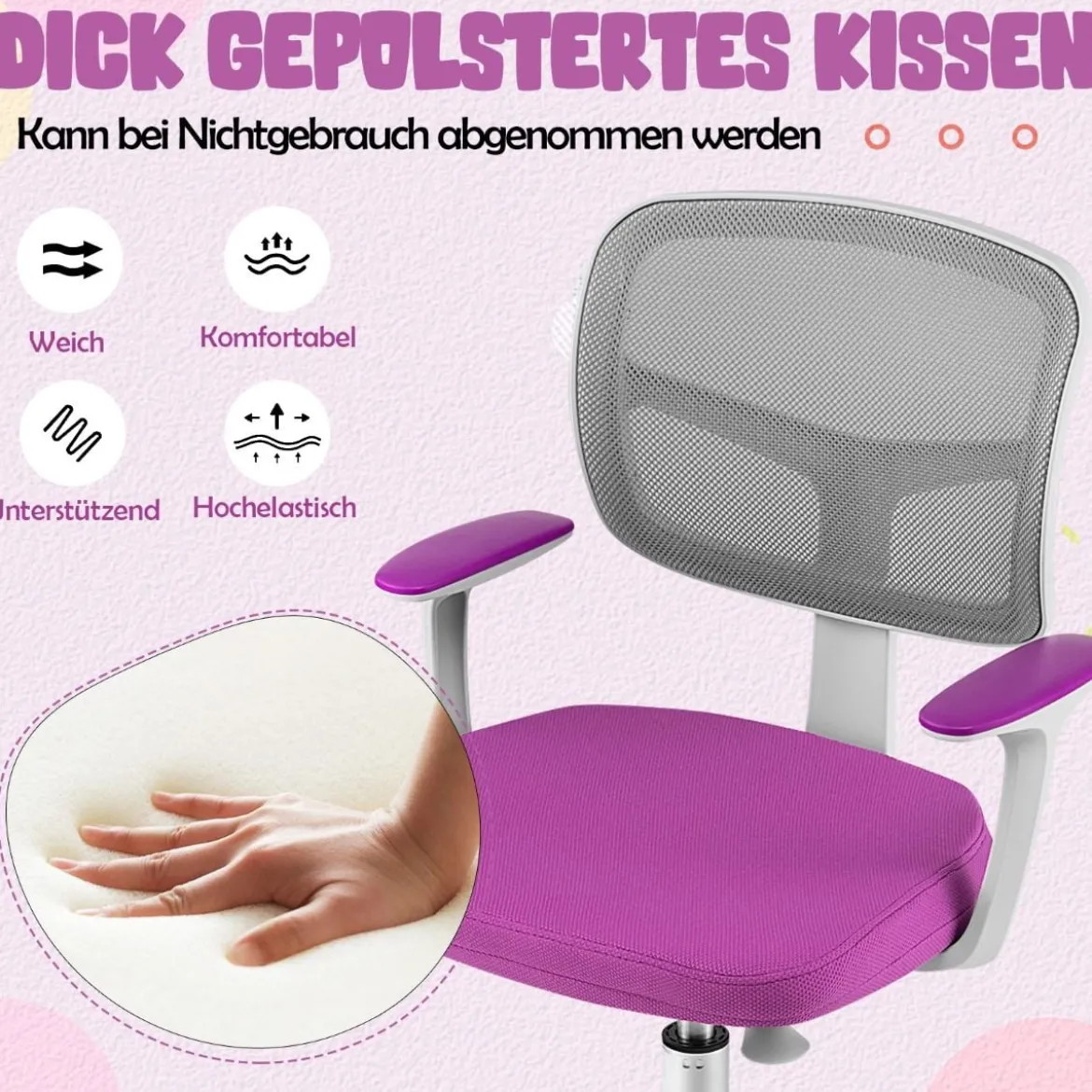 Kinder-Schreibtischstuhl Kinder-Computerstuhl mit Einstellbarer Höhe Blau/Violett/Türkis/Rosa/Lila/Grün