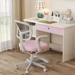 Kinder Schreibtischstuhl mit 41-52 cm Höhenverstellbarer Sitzhöhe Kinderdrehstuhl mit Rollen Rosa