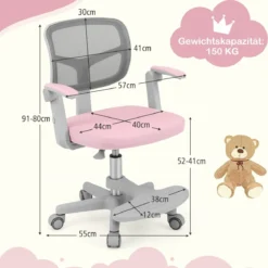 Kinder Schreibtischstuhl mit 41-52 cm Höhenverstellbarer Sitzhöhe Kinderdrehstuhl mit Rollen Rosa