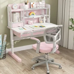 Kinder Schreibtischstuhl mit 41-52 cm Höhenverstellbarer Sitzhöhe Kinderdrehstuhl mit Rollen Rosa
