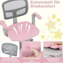 Kinder Schreibtischstuhl mit 41-52 cm Höhenverstellbarer Sitzhöhe Kinderdrehstuhl mit Rollen Rosa