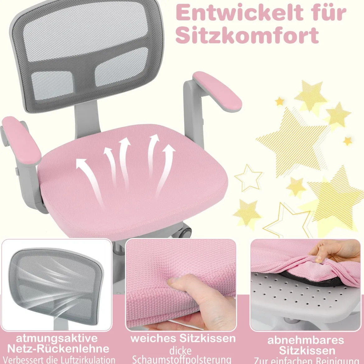Kinder Schreibtischstuhl mit 41-52 cm Höhenverstellbarer Sitzhöhe Kinderdrehstuhl mit Rollen Rosa