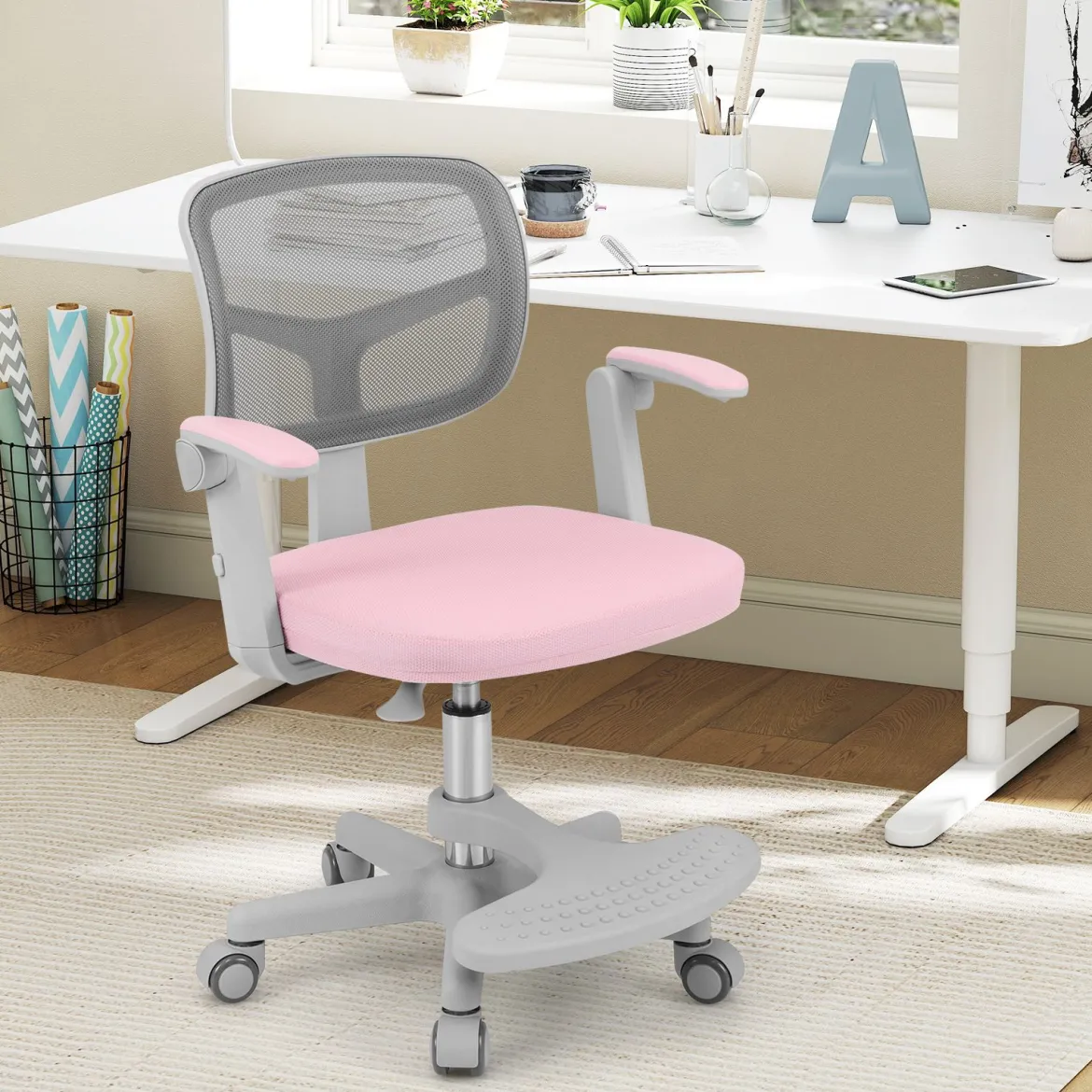 Kinder Schreibtischstuhl mit 41-52 cm Höhenverstellbarer Sitzhöhe Kinderdrehstuhl mit Rollen Rosa