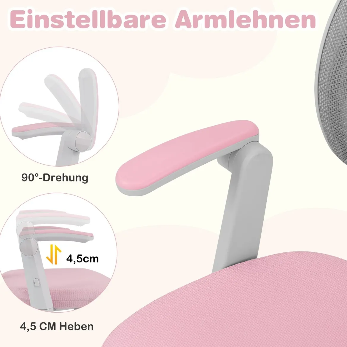 Kinder Schreibtischstuhl mit 41-52 cm Höhenverstellbarer Sitzhöhe Kinderdrehstuhl mit Rollen Rosa