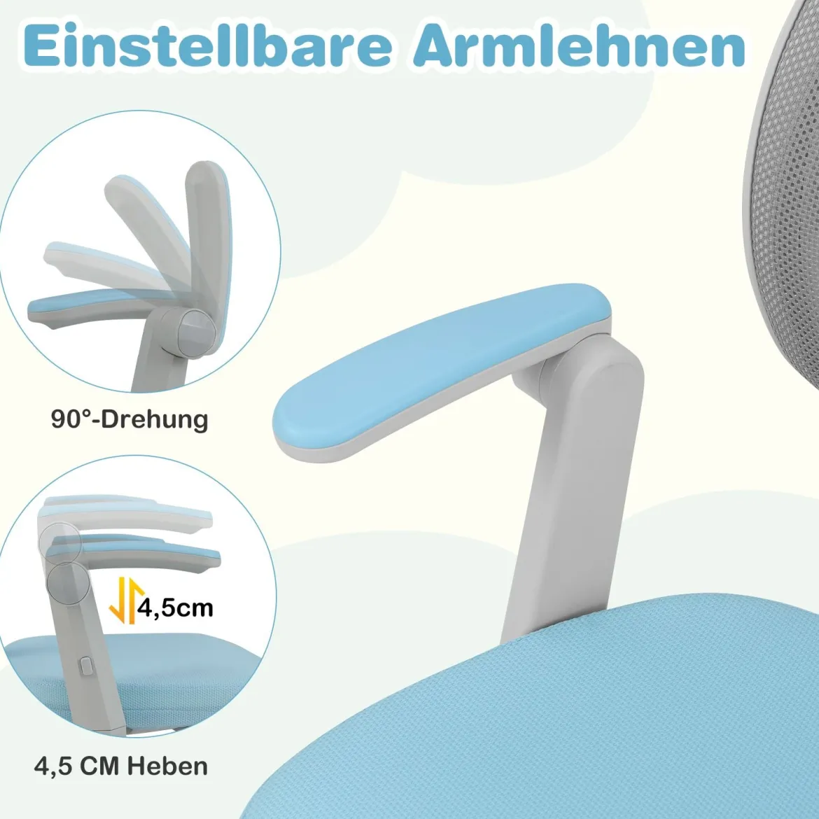 Kinder Schreibtischstuhl mit 41-52 cm Höhenverstellbarer Sitzhöhe Kinderdrehstuhl mit Rollen Blau