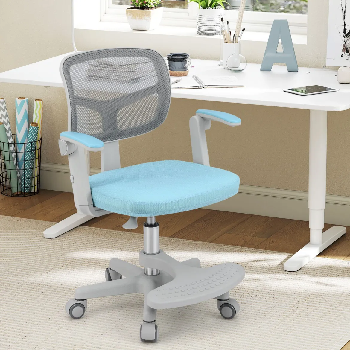 Kinder Schreibtischstuhl mit 41-52 cm Höhenverstellbarer Sitzhöhe Kinderdrehstuhl mit Rollen Blau