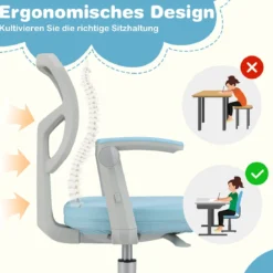 Kinder Schreibtischstuhl mit 41-52 cm Höhenverstellbarer Sitzhöhe Kinderdrehstuhl mit Rollen Blau