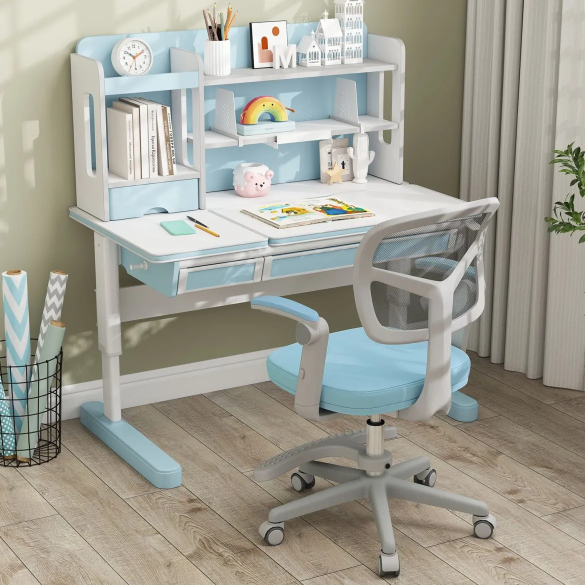 Kinder Schreibtischstuhl mit 41-52 cm Höhenverstellbarer Sitzhöhe Kinderdrehstuhl mit Rollen Blau