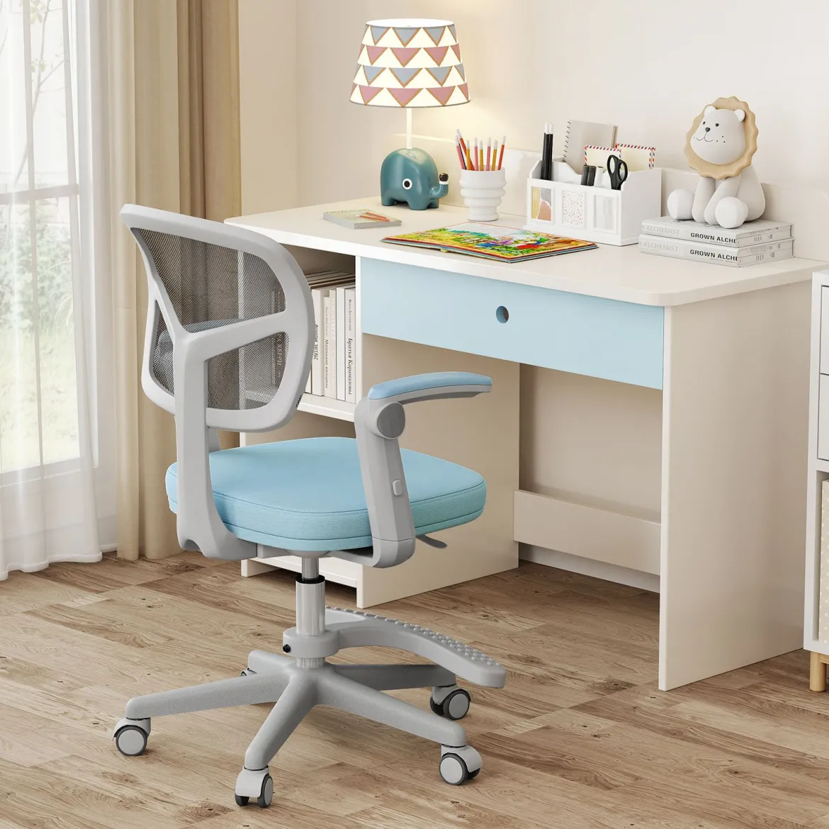 Kinder Schreibtischstuhl mit 41-52 cm Höhenverstellbarer Sitzhöhe Kinderdrehstuhl mit Rollen Blau
