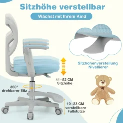 Kinder Schreibtischstuhl mit 41-52 cm Höhenverstellbarer Sitzhöhe Kinderdrehstuhl mit Rollen Blau