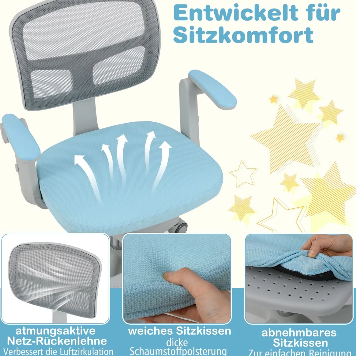 Kinder Schreibtischstuhl mit 41-52 cm Höhenverstellbarer Sitzhöhe Kinderdrehstuhl mit Rollen Blau