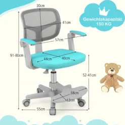 Kinder Schreibtischstuhl mit 41-52 cm Höhenverstellbarer Sitzhöhe Kinderdrehstuhl mit Rollen Türkis