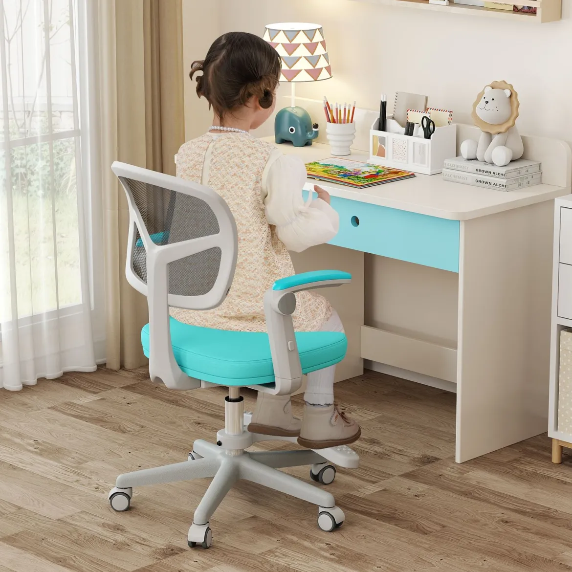 Kinder Schreibtischstuhl mit 41-52 cm Höhenverstellbarer Sitzhöhe Kinderdrehstuhl mit Rollen Türkis