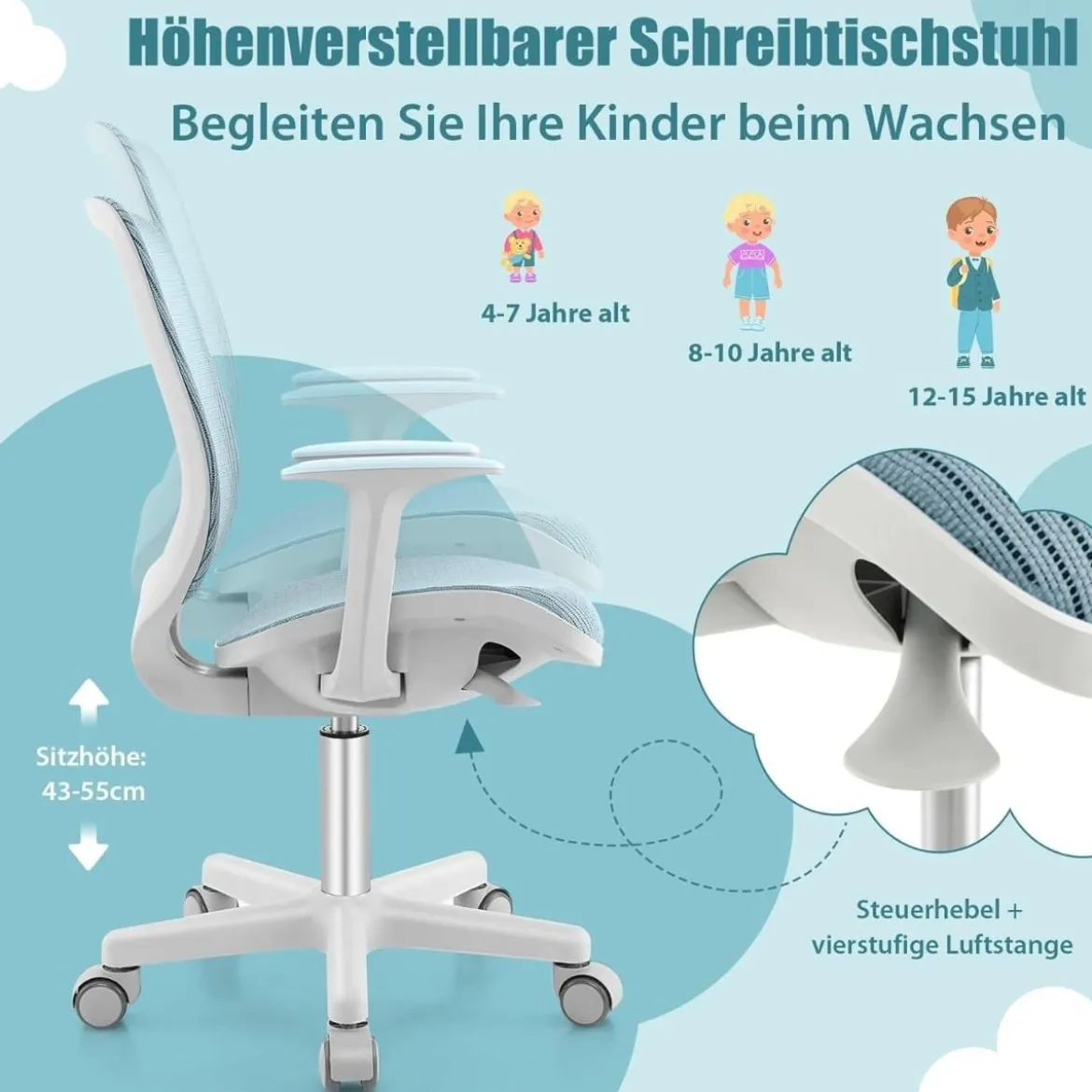 Kinder Schreibtischstuhl mit 43-55cm Verstellbarer Sitzhöhe Ergonomischer Kinderdrehstuhl auf Rollen