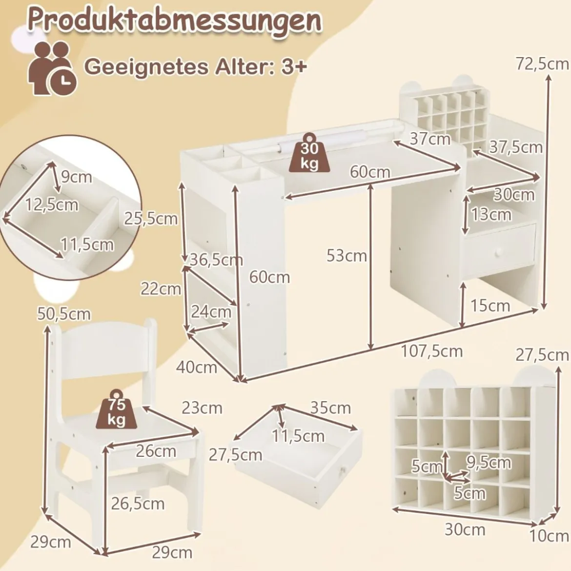 Kinder Schreibtisch- & Stuhl-Set mit Abnehmbarem Papierrollenhalter Maltisch Weiß