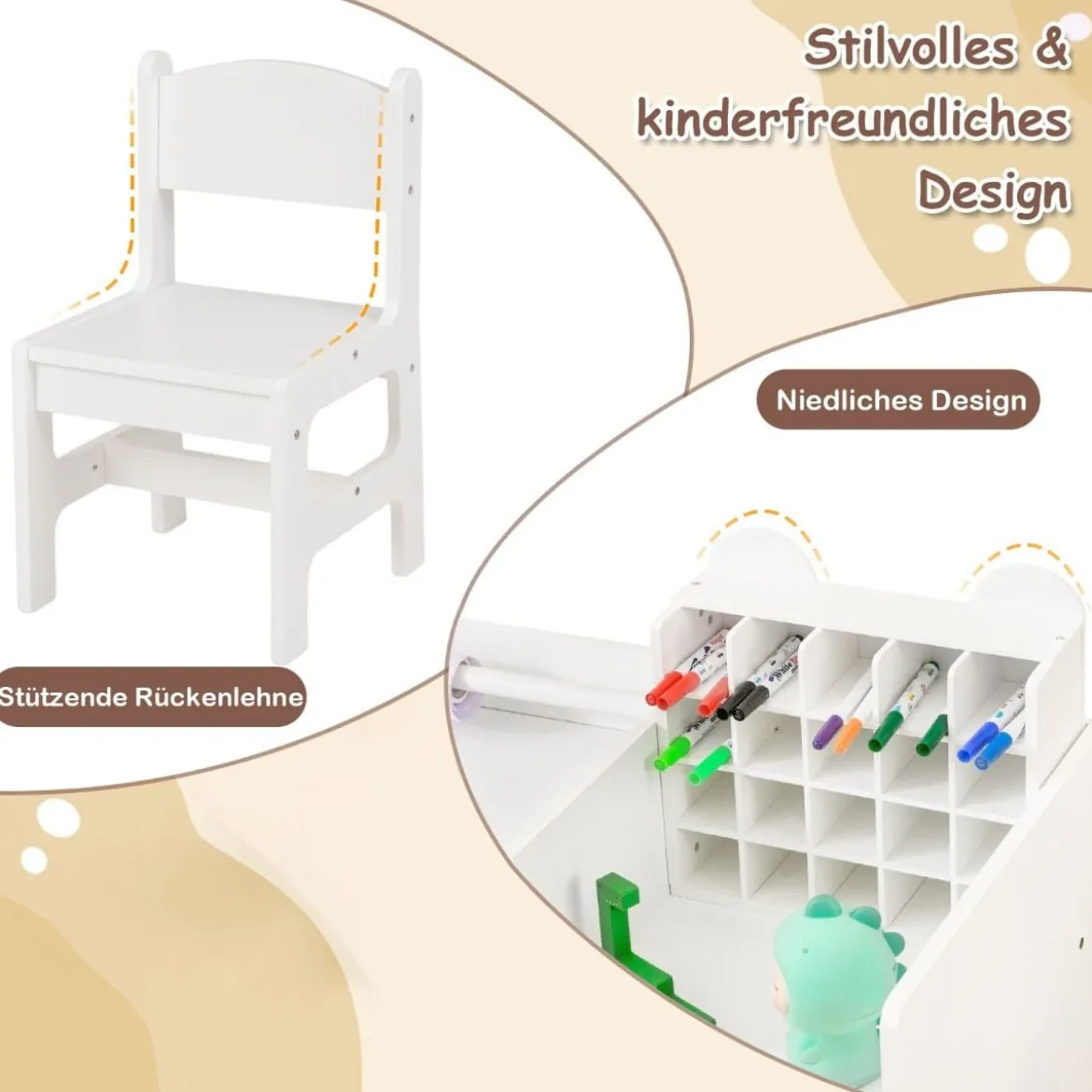 Kinder Schreibtisch- & Stuhl-Set mit Abnehmbarem Papierrollenhalter Maltisch Weiß