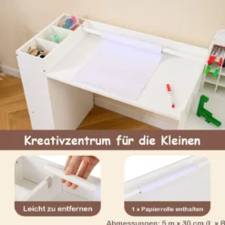 Kinder Schreibtisch- & Stuhl-Set mit Abnehmbarem Papierrollenhalter Maltisch Weiß