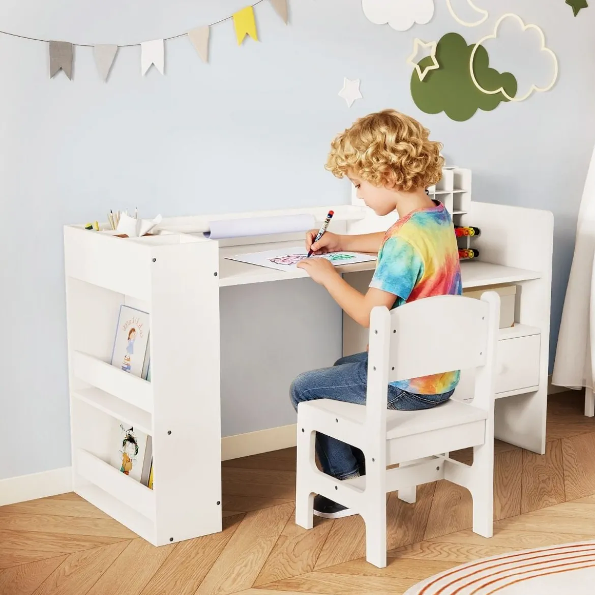 Kinder Schreibtisch- & Stuhl-Set mit Abnehmbarem Papierrollenhalter Maltisch Weiß