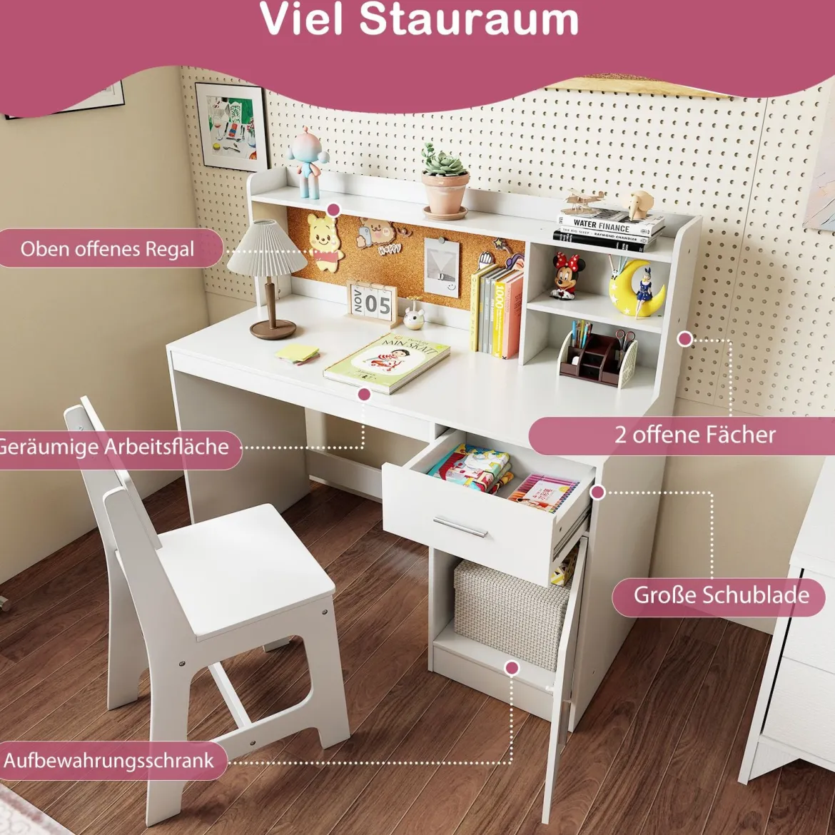 Kinderschreibtisch & Stuhl Set Kinder Schreibtisch aus Holz mit Regalen & Schublade Weiß