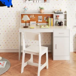 Kinderschreibtisch & Stuhl Set Kinder Schreibtisch aus Holz mit Regalen & Schublade Weiß