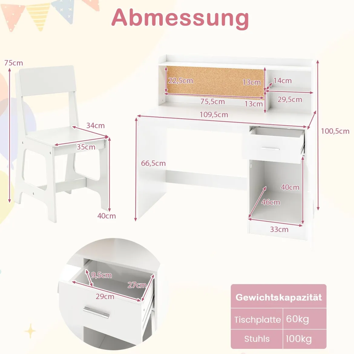 Kinderschreibtisch & Stuhl Set Kinder Schreibtisch aus Holz mit Regalen & Schublade Weiß