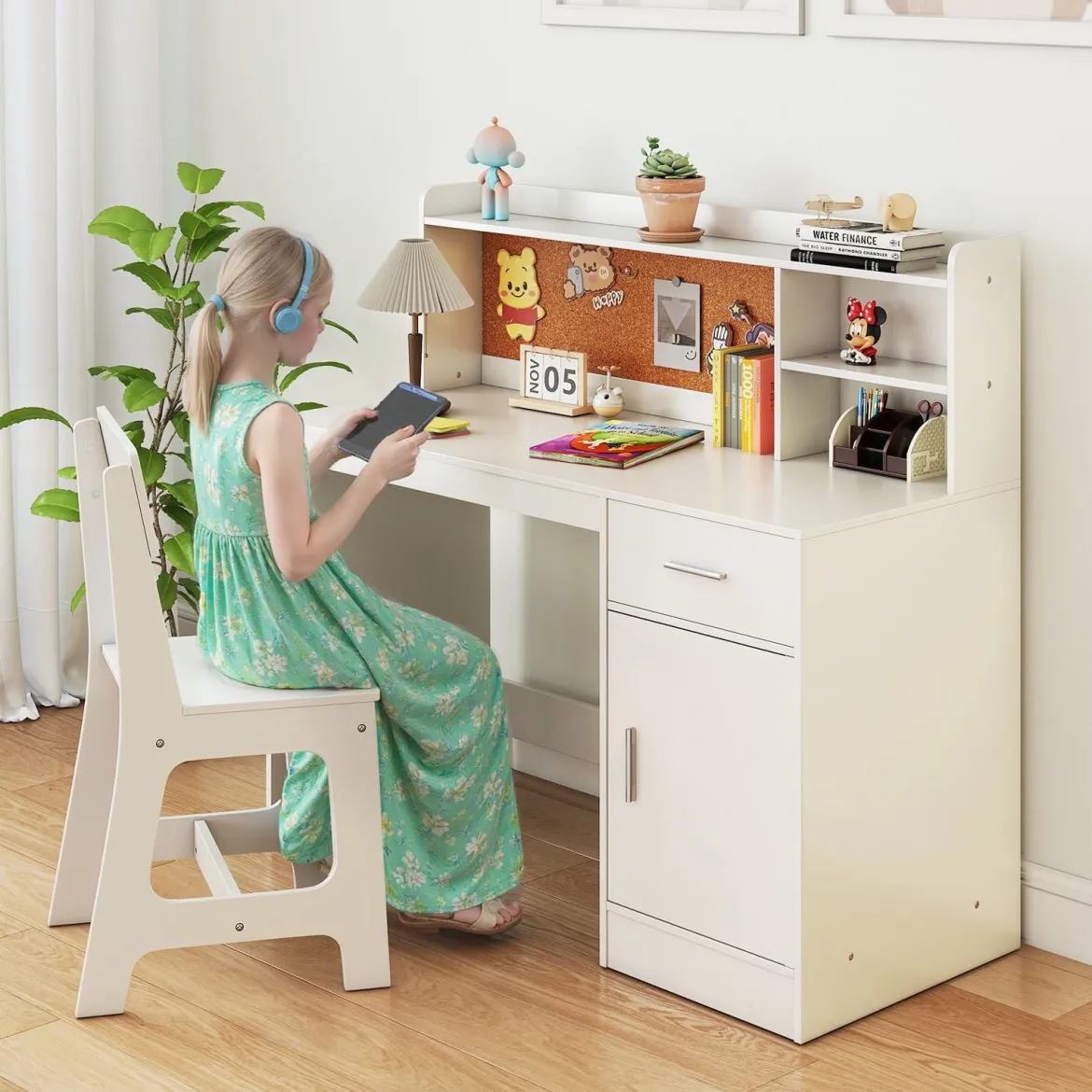 Kinderschreibtisch & Stuhl Set Kinder Schreibtisch aus Holz mit Regalen & Schublade Weiß