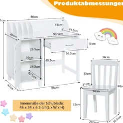 Kinderschreibtisch- und Stuhl-Set Studiertisch mit Schublade und Aufbewahrungsschränken Weiß