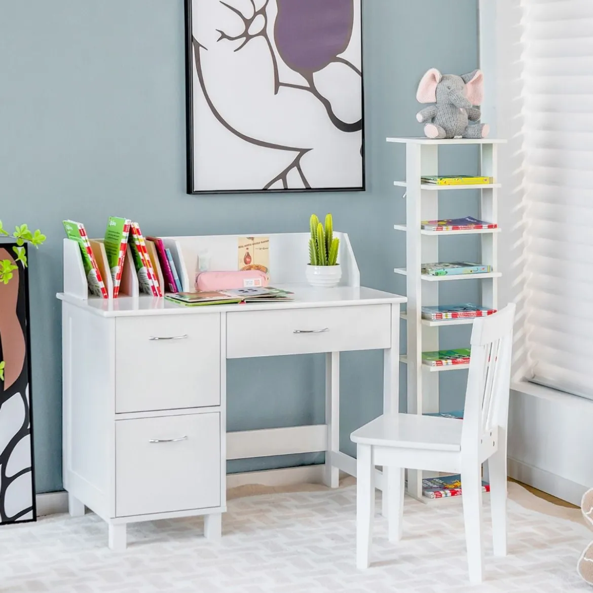 Kinderschreibtisch- und Stuhl-Set Studiertisch mit Schublade und Aufbewahrungsschränken Weiß