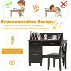 Kinderschreibtisch und Stuhl Set mit Schublade und Aufbewahrungsschränken Kindersitzgruppe Holz