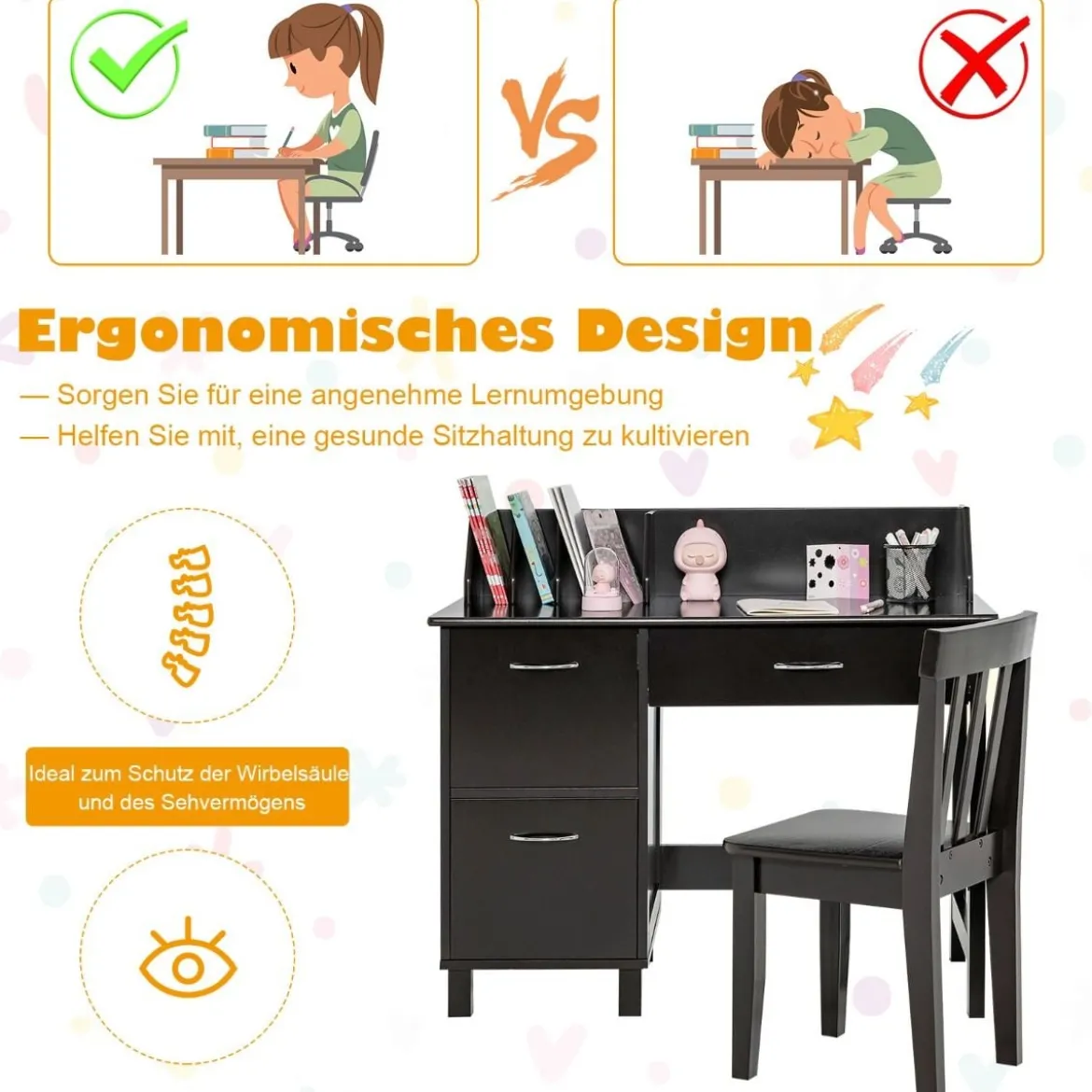 Kinderschreibtisch und Stuhl Set mit Schublade und Aufbewahrungsschränken Kindersitzgruppe Holz
