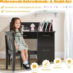 Kinderschreibtisch und Stuhl Set mit Schublade und Aufbewahrungsschränken Kindersitzgruppe Holz