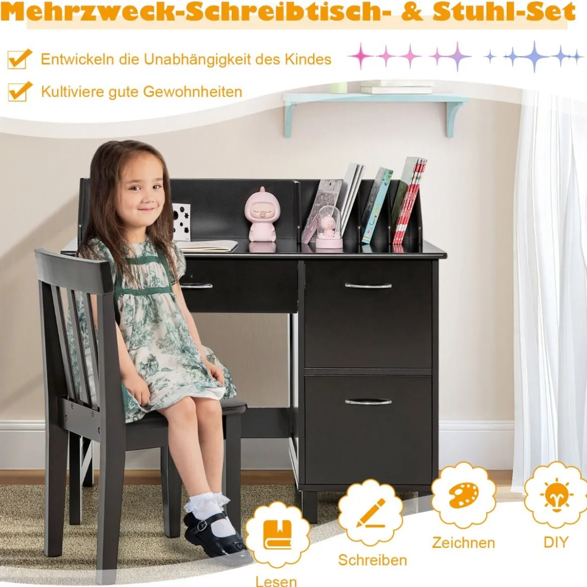 Kinderschreibtisch und Stuhl Set mit Schublade und Aufbewahrungsschränken Kindersitzgruppe Holz