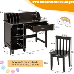 Kinderschreibtisch und Stuhl Set mit Schublade und Aufbewahrungsschränken Kindersitzgruppe Holz