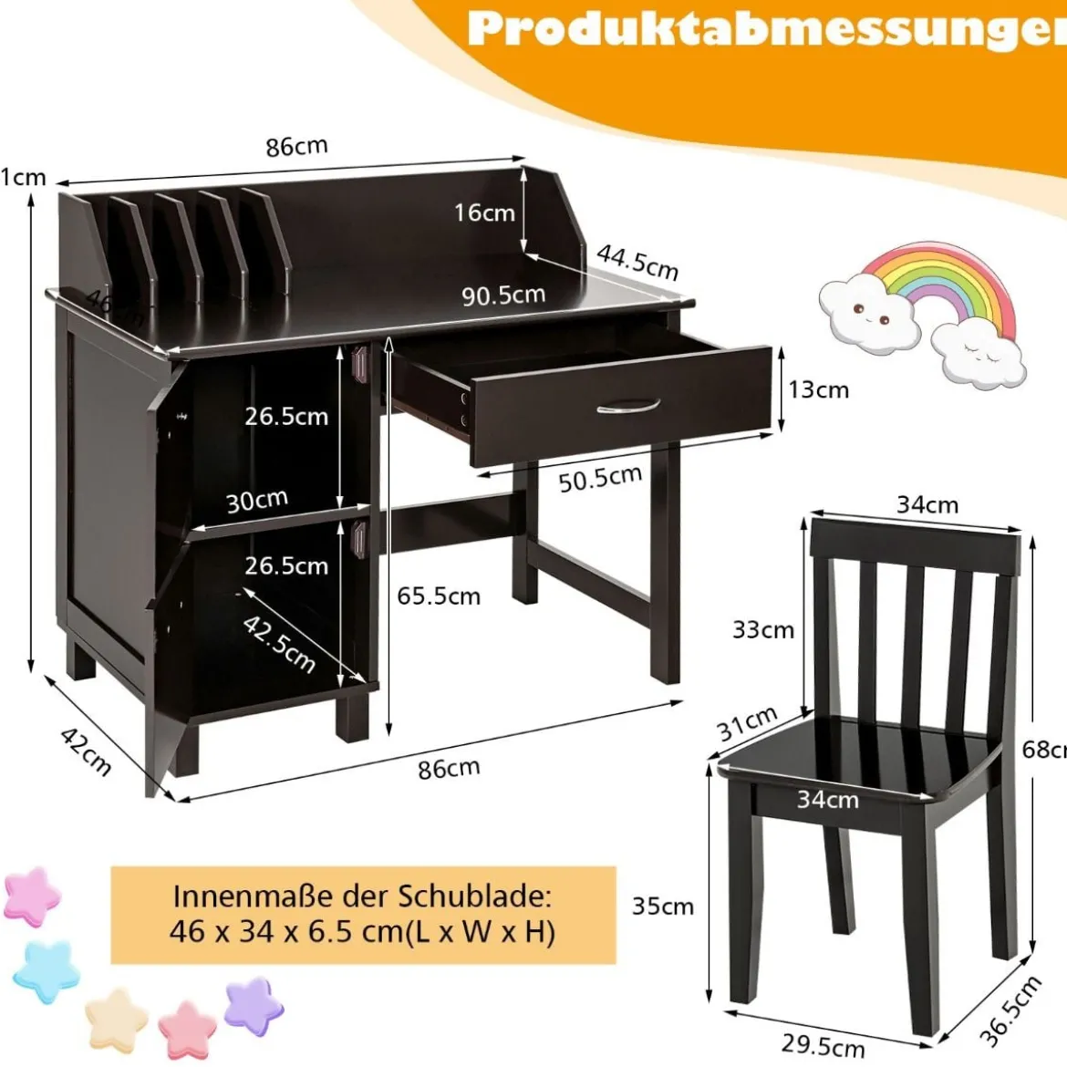 Kinderschreibtisch und Stuhl Set mit Schublade und Aufbewahrungsschränken Kindersitzgruppe Holz