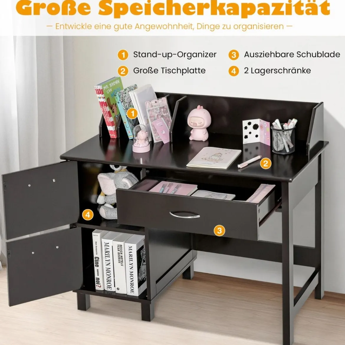 Kinderschreibtisch und Stuhl Set mit Schublade und Aufbewahrungsschränken Kindersitzgruppe Holz