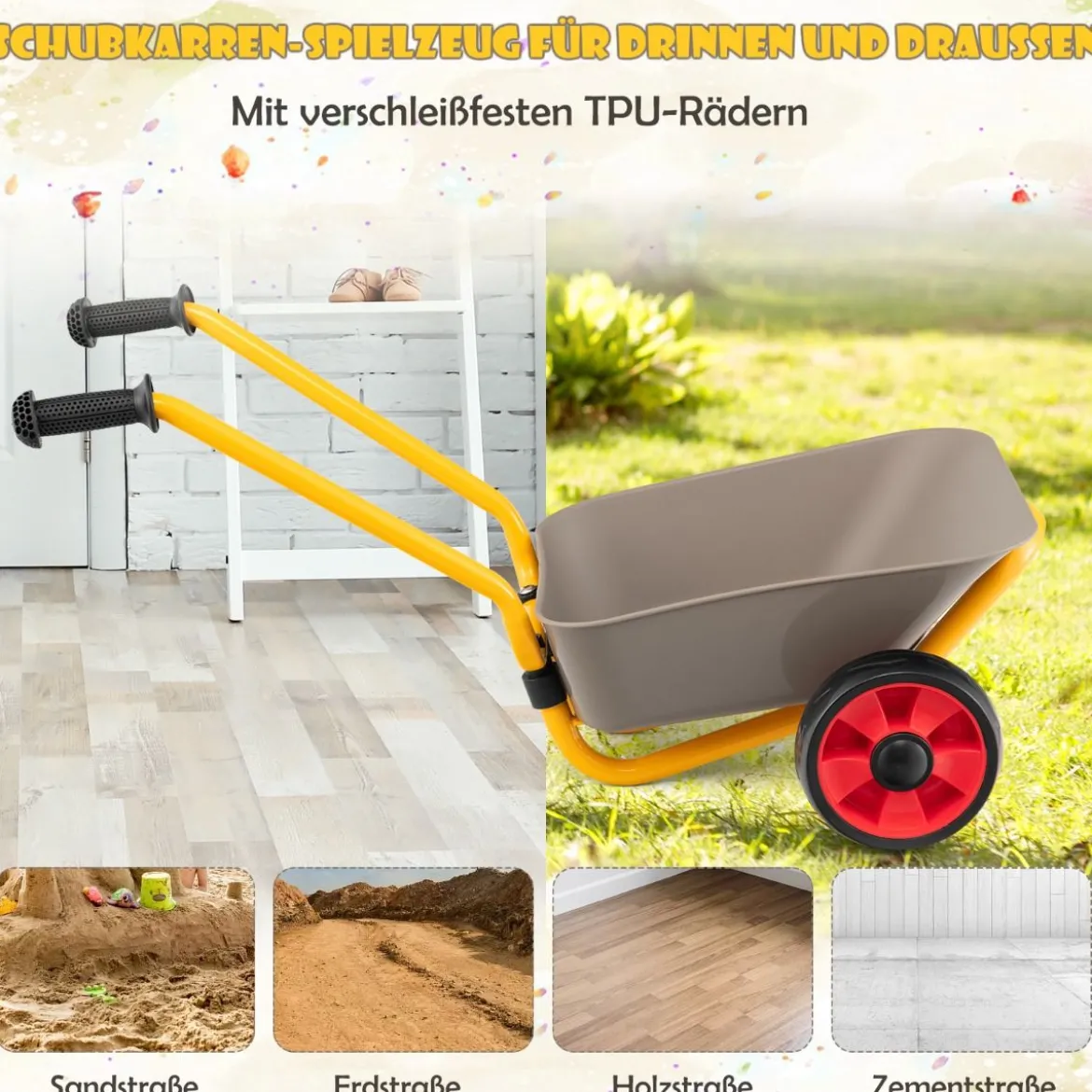 Kinder-Schubkarre mit Metallkonstruktion 2-Rad-Spielzeugwagenfür Jungen & Mädchen ab 2 J.