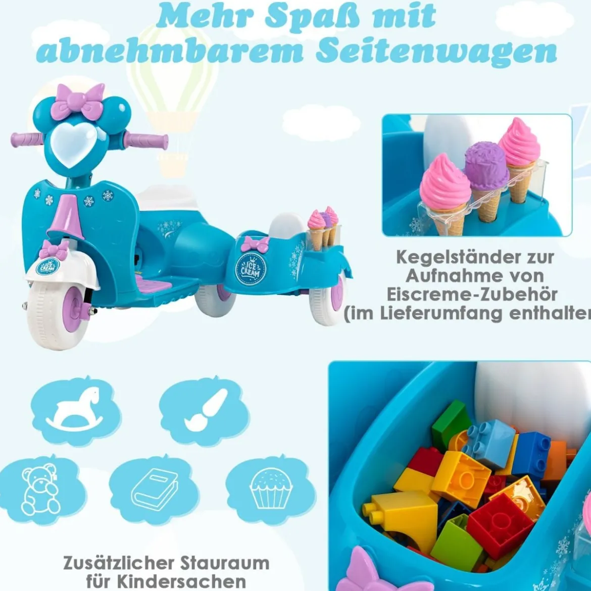 Kinder-Scooter 6V Kinderauto Batteriebetriebenes Motorrad für Kinder Beiwagen Blau