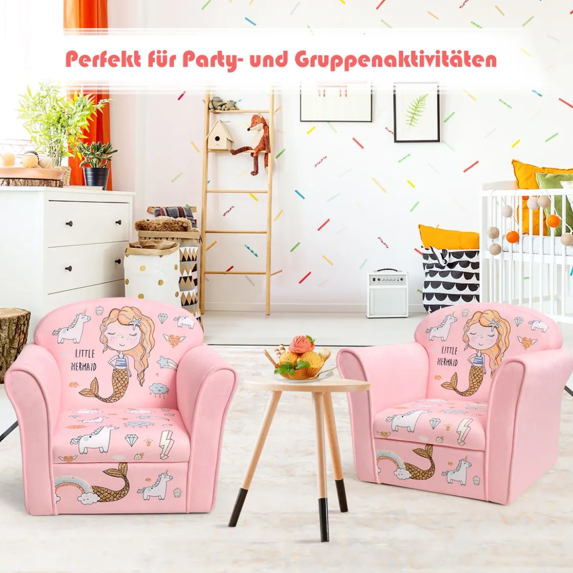 Kindersessel mit hübschem Meerjungfrauen-Motiv Sessel mit Armlehnen 50 x 39x 44 cm Rosa