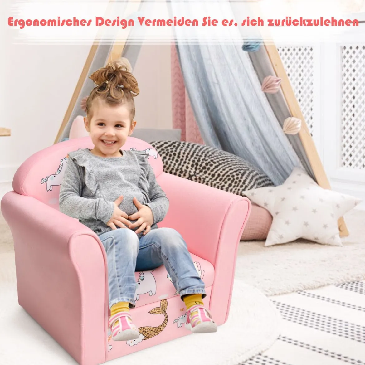 Kindersessel mit hübschem Meerjungfrauen-Motiv Sessel mit Armlehnen 50 x 39x 44 cm Rosa