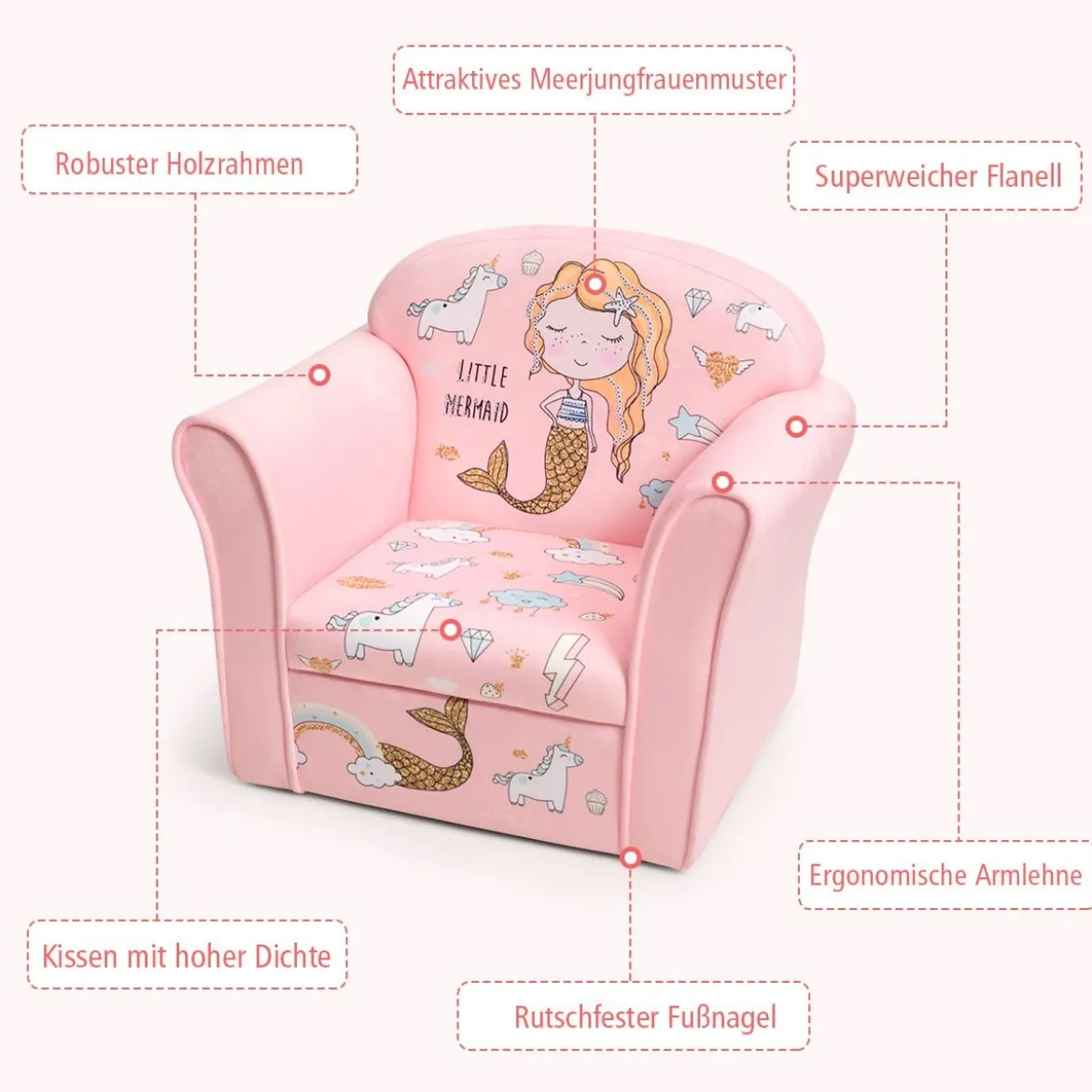 Kindersessel mit hübschem Meerjungfrauen-Motiv Sessel mit Armlehnen 50 x 39x 44 cm Rosa