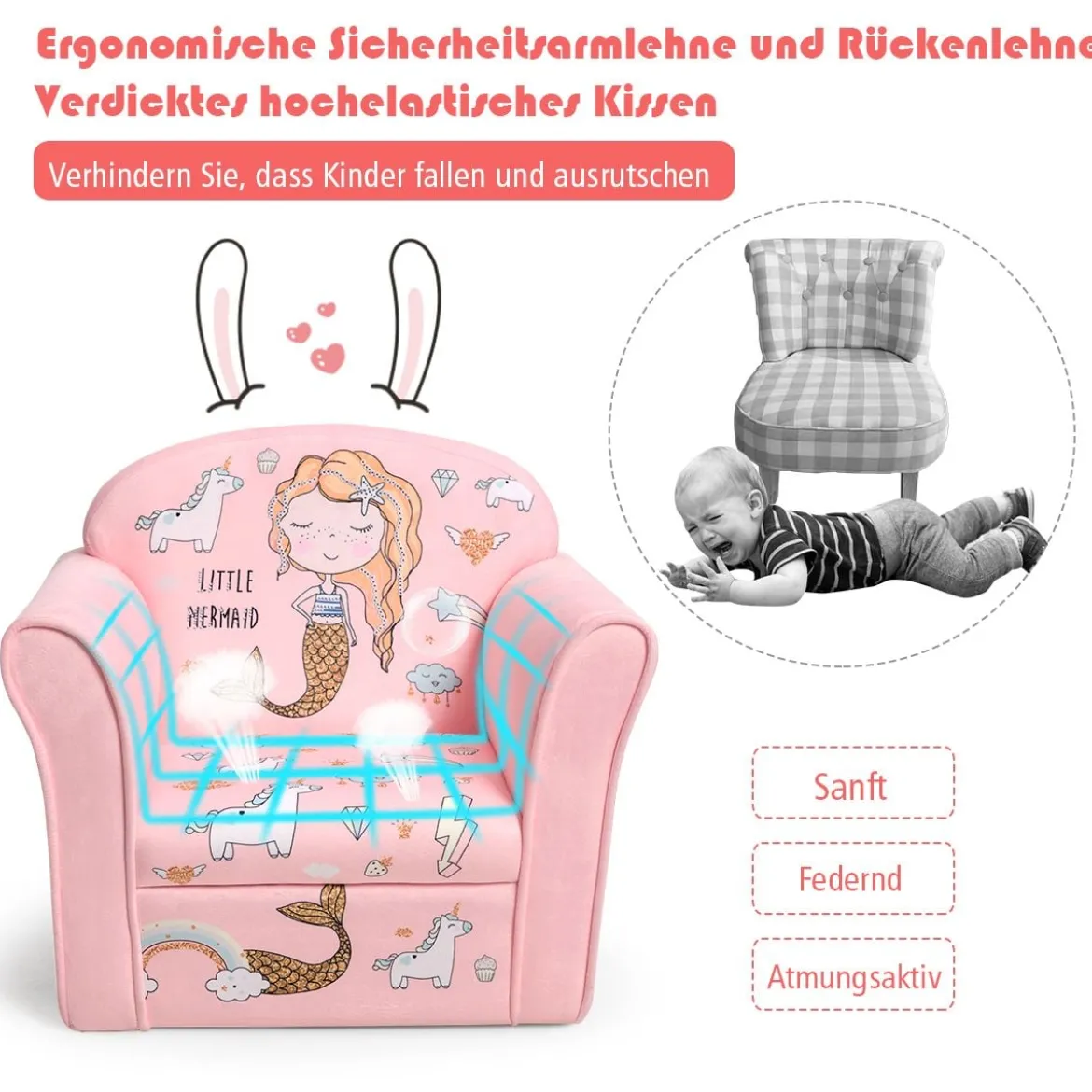 Kindersessel mit hübschem Meerjungfrauen-Motiv Sessel mit Armlehnen 50 x 39x 44 cm Rosa