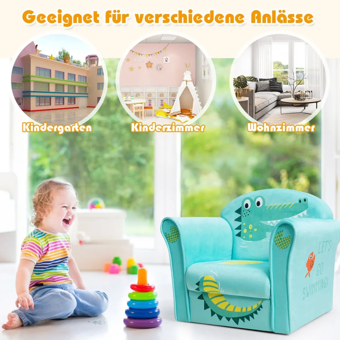 Kindersessel mit Krokodil-Motiv hellblauer Kindersessel 50 x 37,5x 42 cm Grün + Hellblau