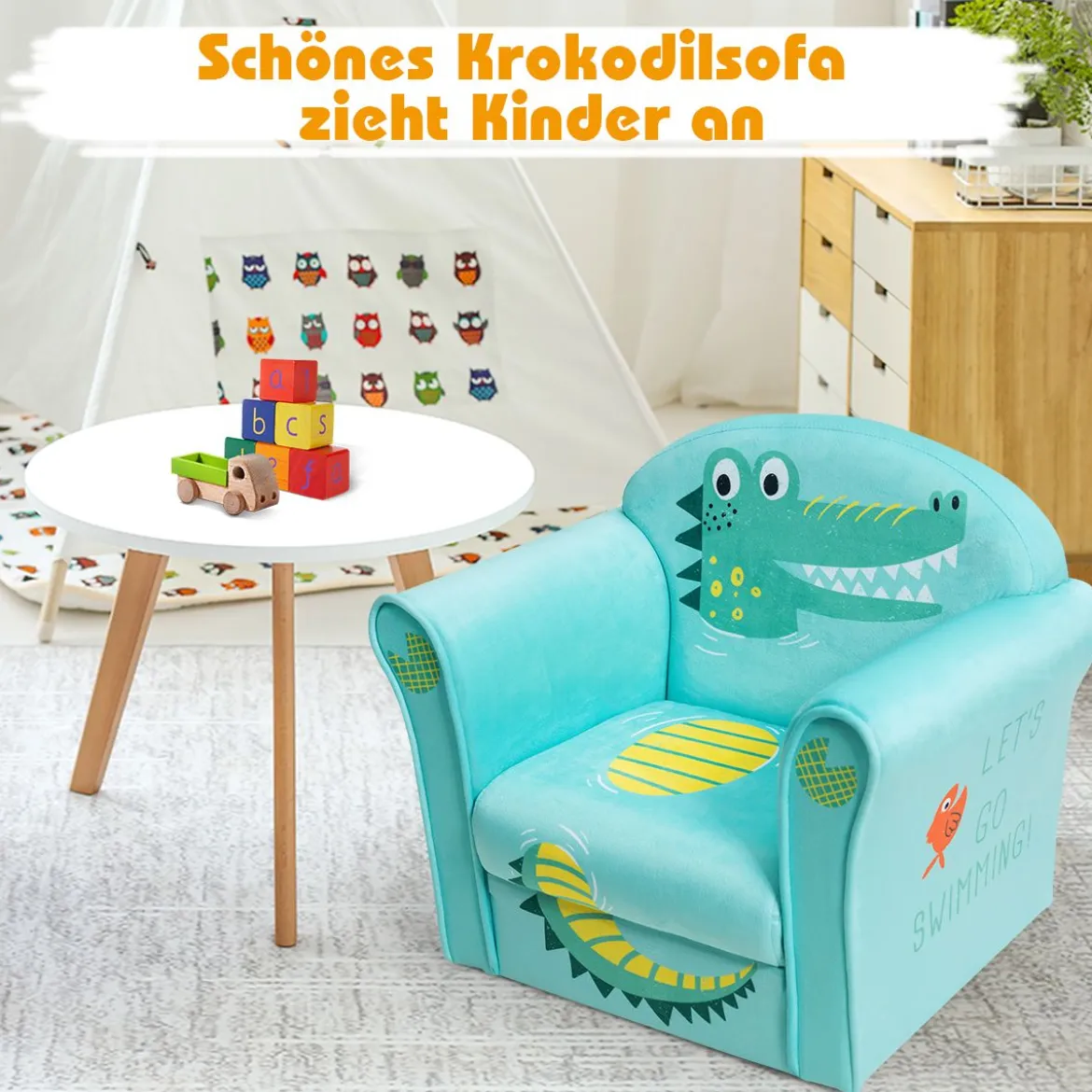 Kindersessel mit Krokodil-Motiv hellblauer Kindersessel 50 x 37,5x 42 cm Grün + Hellblau