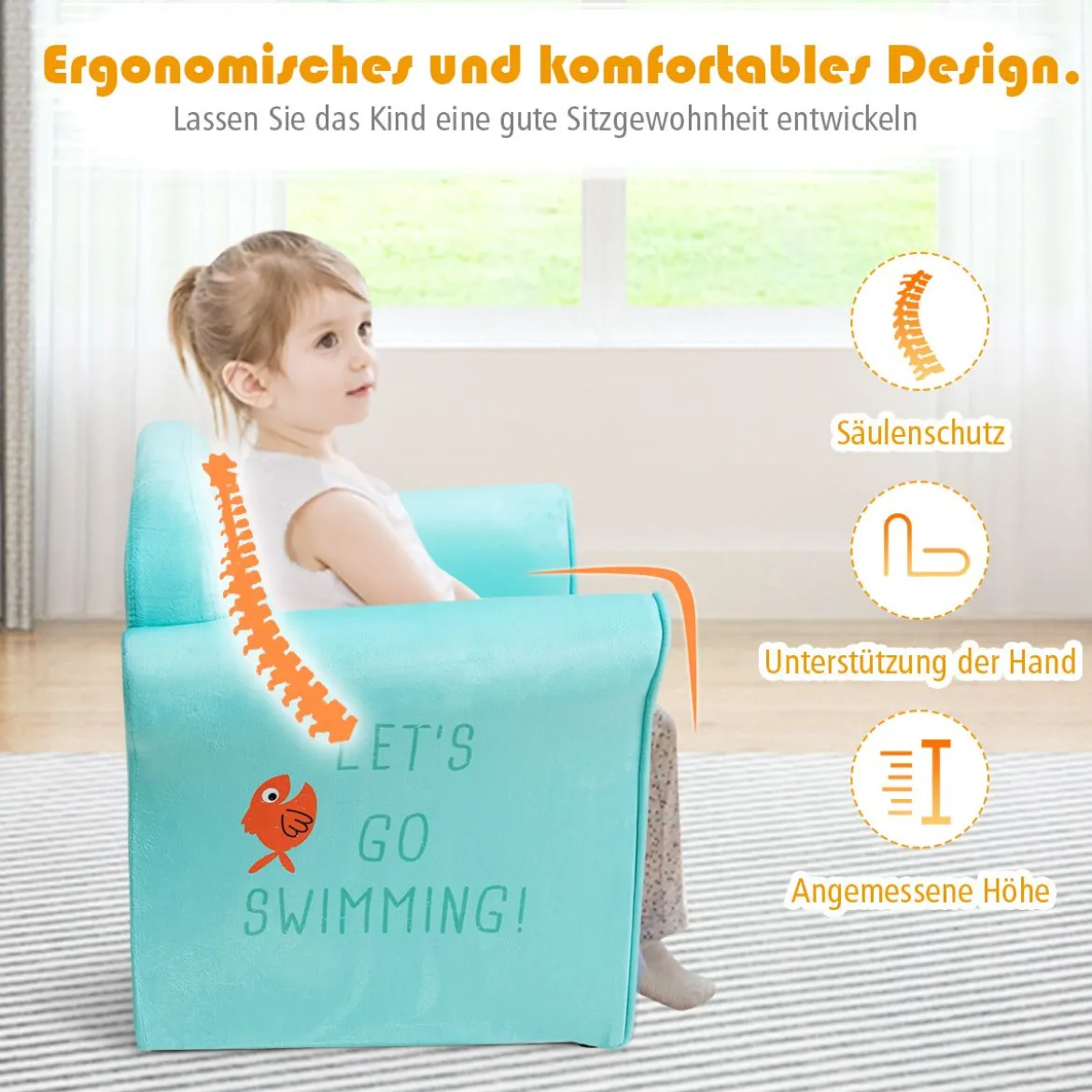 Kindersessel mit Krokodil-Motiv hellblauer Kindersessel 50 x 37,5x 42 cm Grün + Hellblau