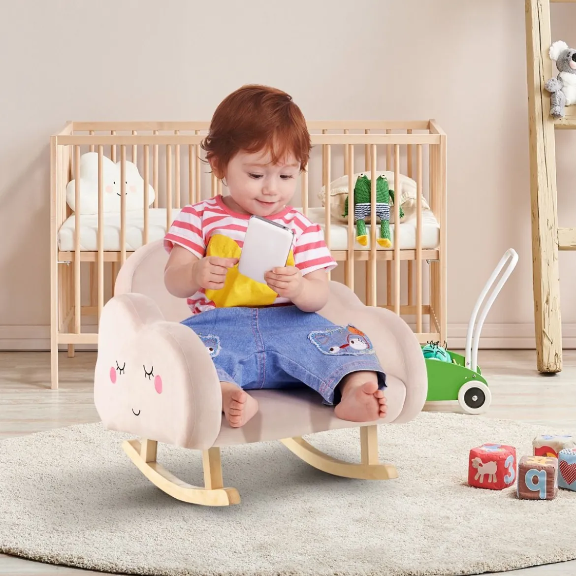 Kindersessel mit Massivholzbeinen Gepolsterter Kindersofa Schaukelstuhl Rosa Wolken