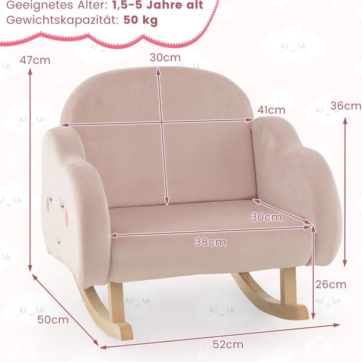 Kindersessel mit Massivholzbeinen Gepolsterter Kindersofa Schaukelstuhl Rosa Wolken