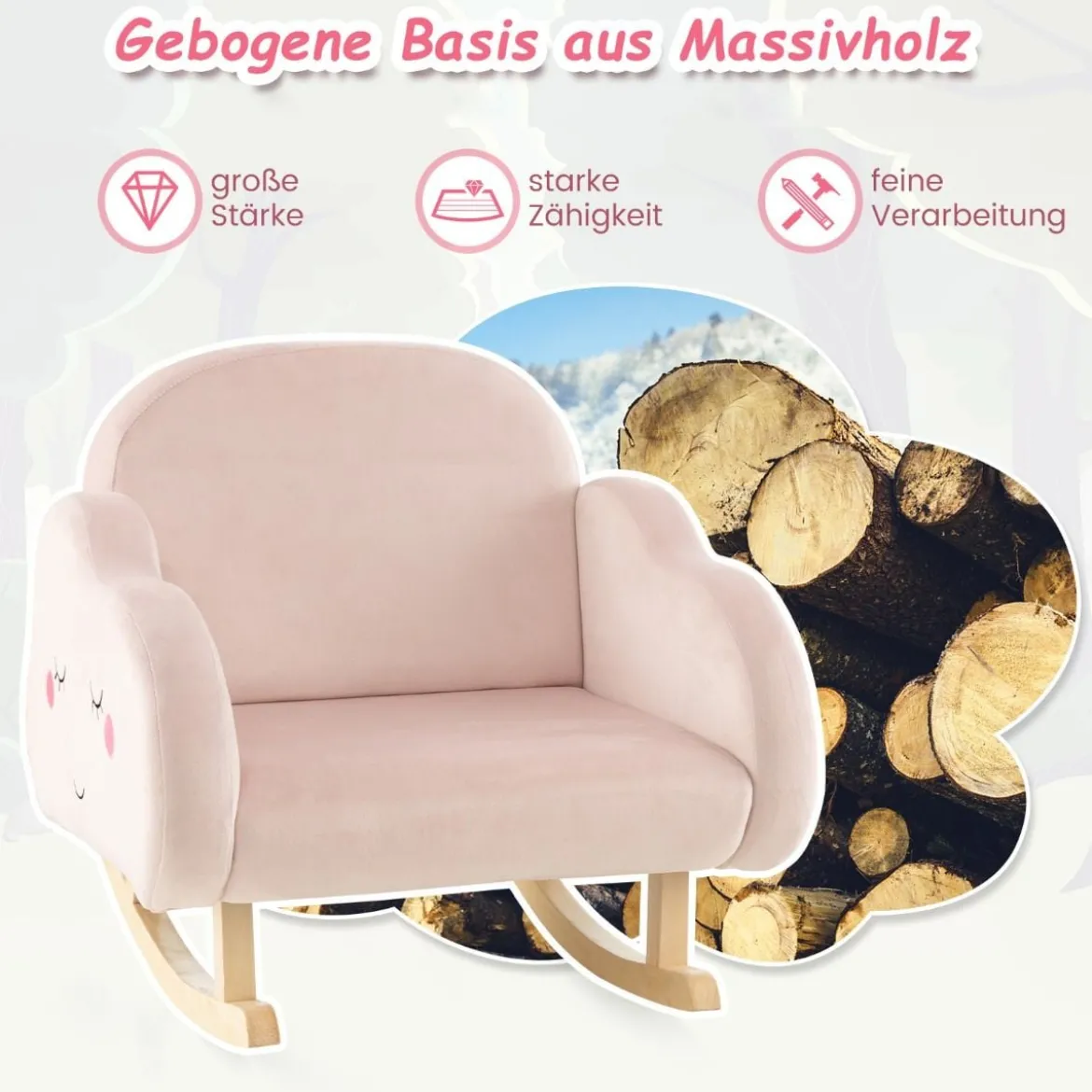 Kindersessel mit Massivholzbeinen Gepolsterter Kindersofa Schaukelstuhl Rosa Wolken