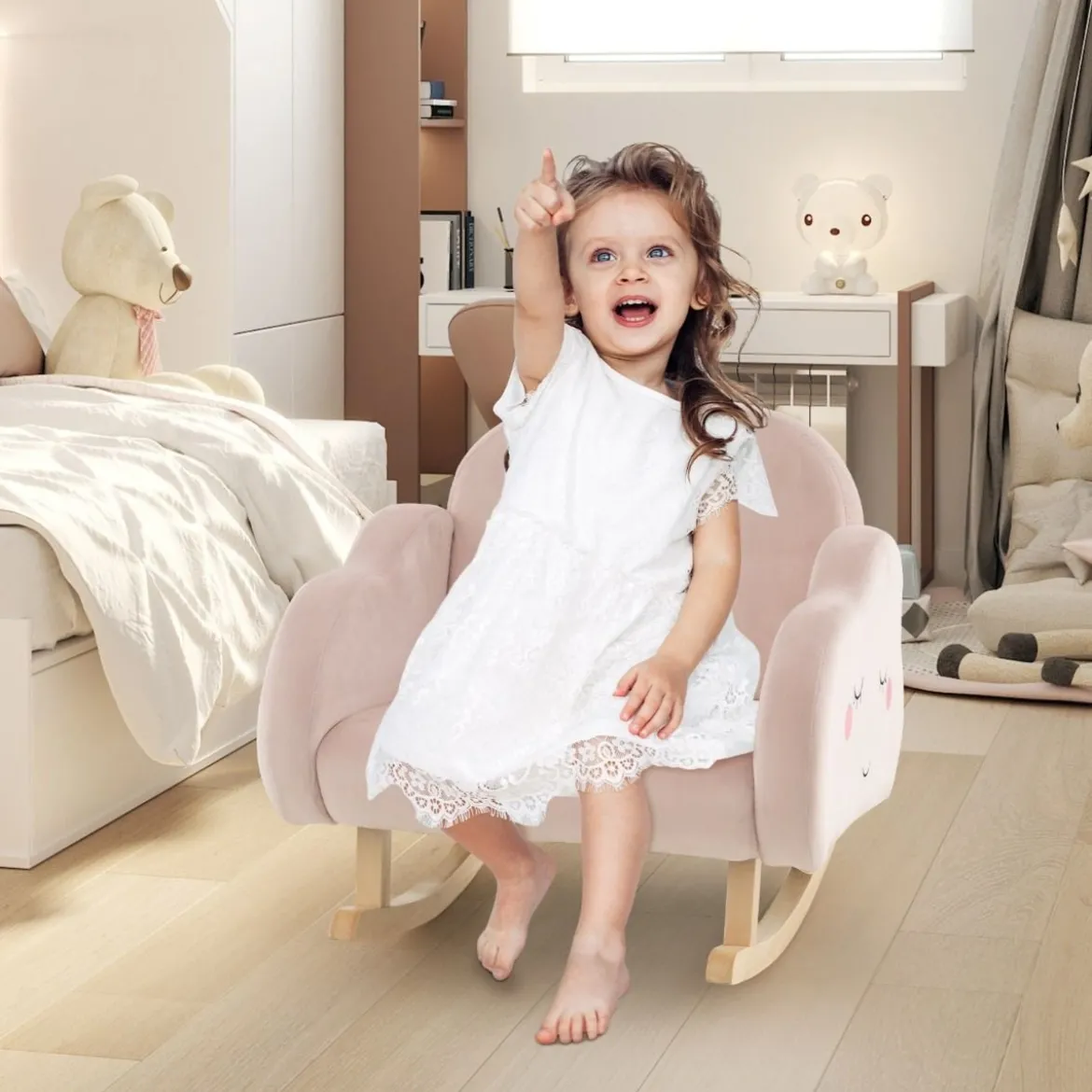 Kindersessel mit Massivholzbeinen Gepolsterter Kindersofa Schaukelstuhl Rosa Wolken